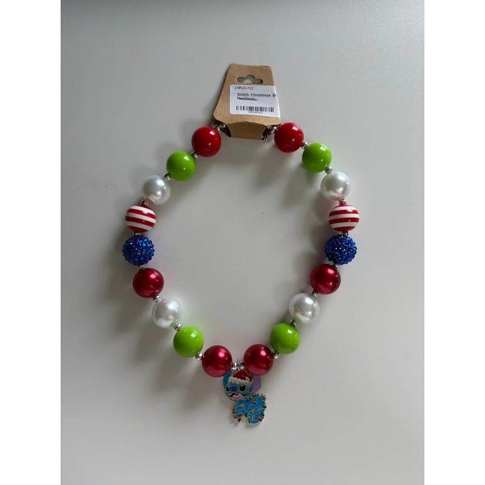 Disney Stitch Christmas Bubble Necklace Chunky Bead Holiday Jewelry Red Green